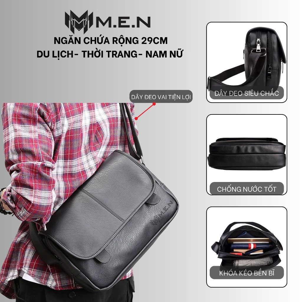 Túi đeo chéo da size lớn học sinh da chống nước phổ thông M.E.N kiểu trơn 2 pát hít [HÌNH THẬT]