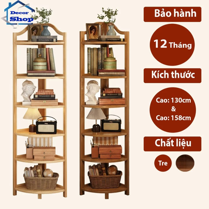 Kệ góc phòng khách 5 tầng 6 tầng bằng tre màu nâu và vàng - Kệ để đồ phòng khách, Kệ góc phòng để sách vở đồ decor