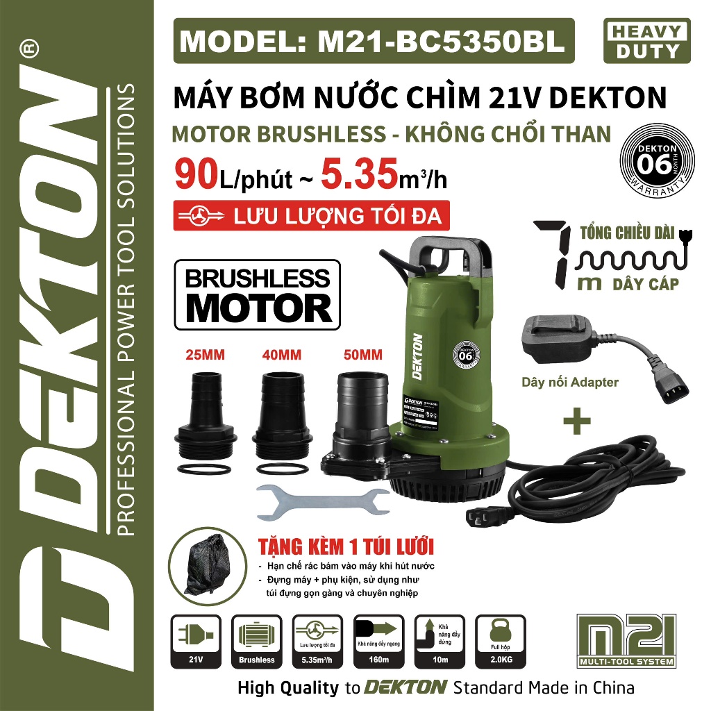[HOT DEAL] Máy Bơm Chìm Nước Pin 21V DEKTON M21-BC5350BL, Động cơ không chổi than, Tự Ngắt Khi Hết Nước