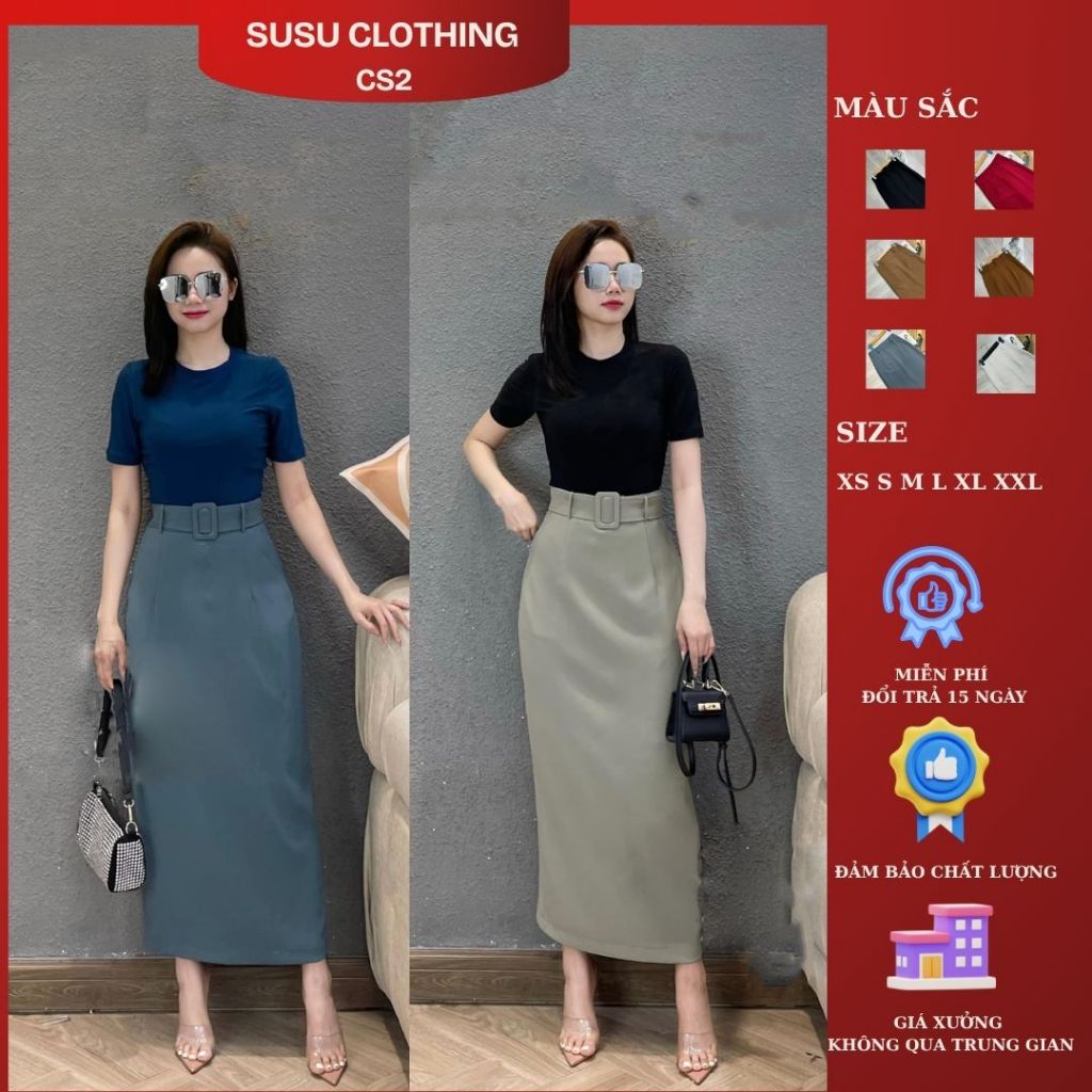 Chân váy Susuclothing công sở dáng bút chì suông maxi dài 88cm phối đai vải tháo rời đai vải BC90