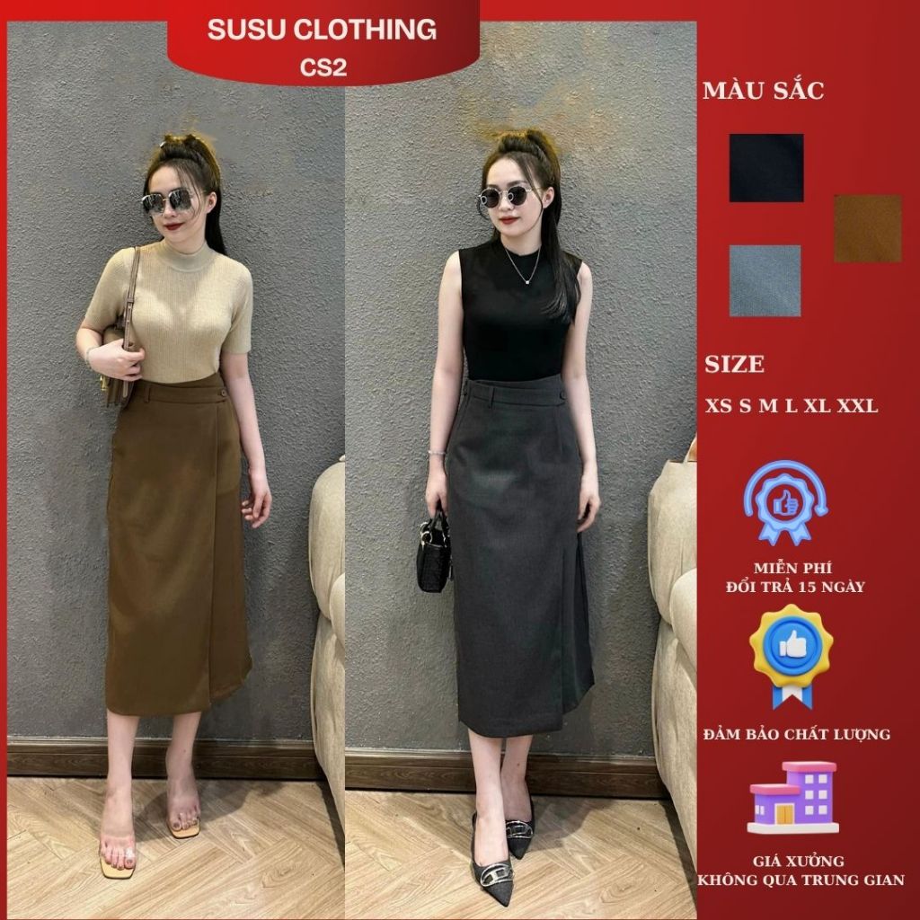 Chân váy Susuclothing suông midi dáng dài có tà đắp phối 1 cúc 1 đỉa CV05