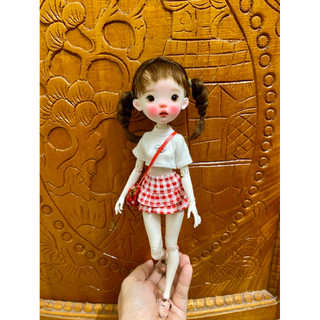 Set áo croptop hình ngẫu nhiên váy caro đỏ size blythe,ob24,xinyi