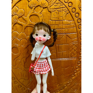 Set áo croptop hình ngẫu nhiên váy caro đỏ size blythe,ob24,xinyi