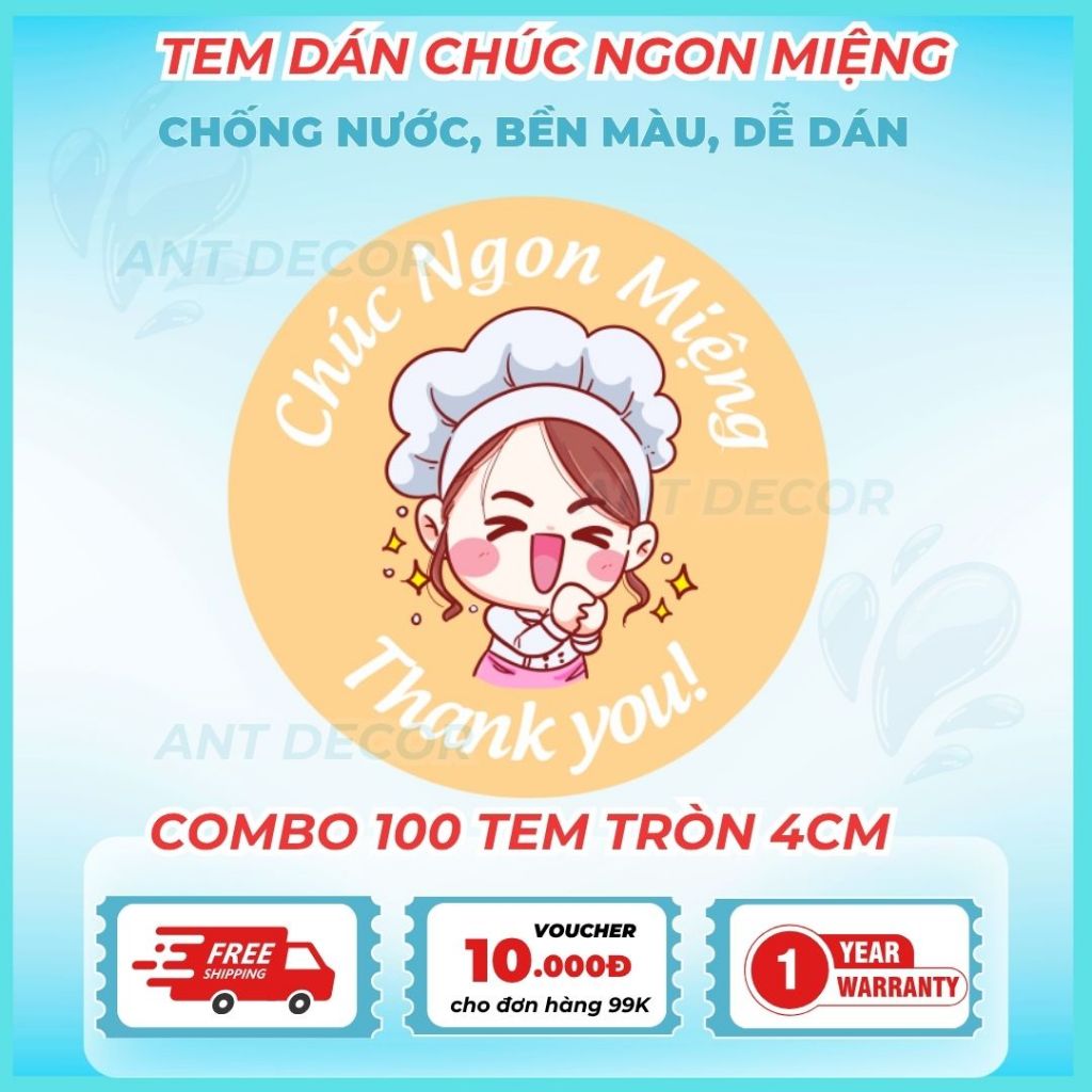 Combo 100 TEM DÁN CHÚC BẠN NGON MIỆNG 4cm, Decal Đẹp Mắt, Bền Màu, Chống Nước