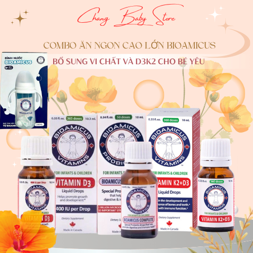 Combo Ăn Ngon Cao Lớn - Men Vi Sinh 10 Chủng BioAmicus lọ 10mL & BioAmicus Vitamin D3K2-MK7 lọ 10mL + QUÀ