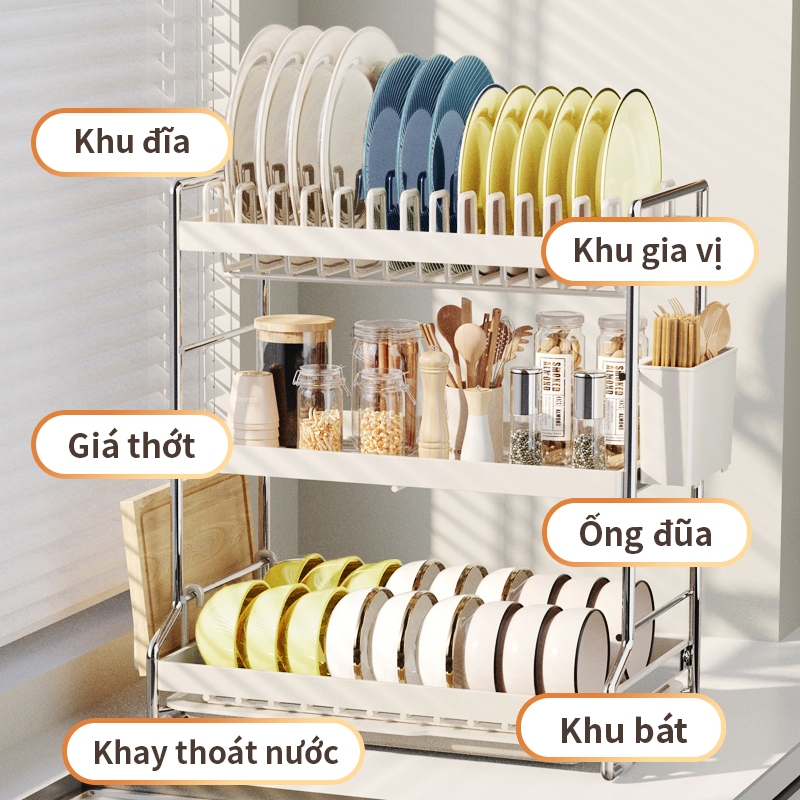 Lifinity Kệ Úp Chén Bát Thông Minh - Thép Carbon Sơn Tĩnh Điện, Có Khay Nước & Ngăn Đựng Đũa, Thớt