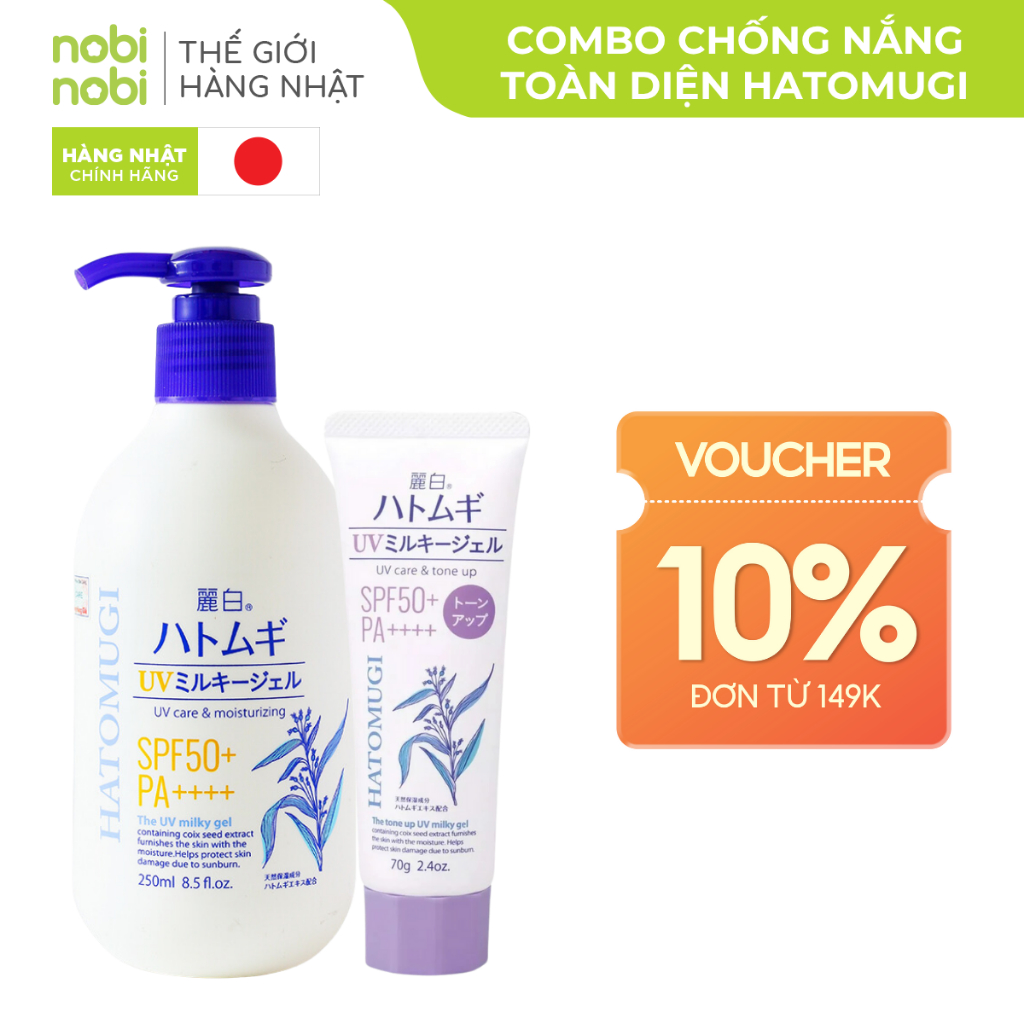(Chính hãng) Combo chống nắng toàn diện nâng tông và dưỡng trắng da mặt  & cơ thể Hatomugi