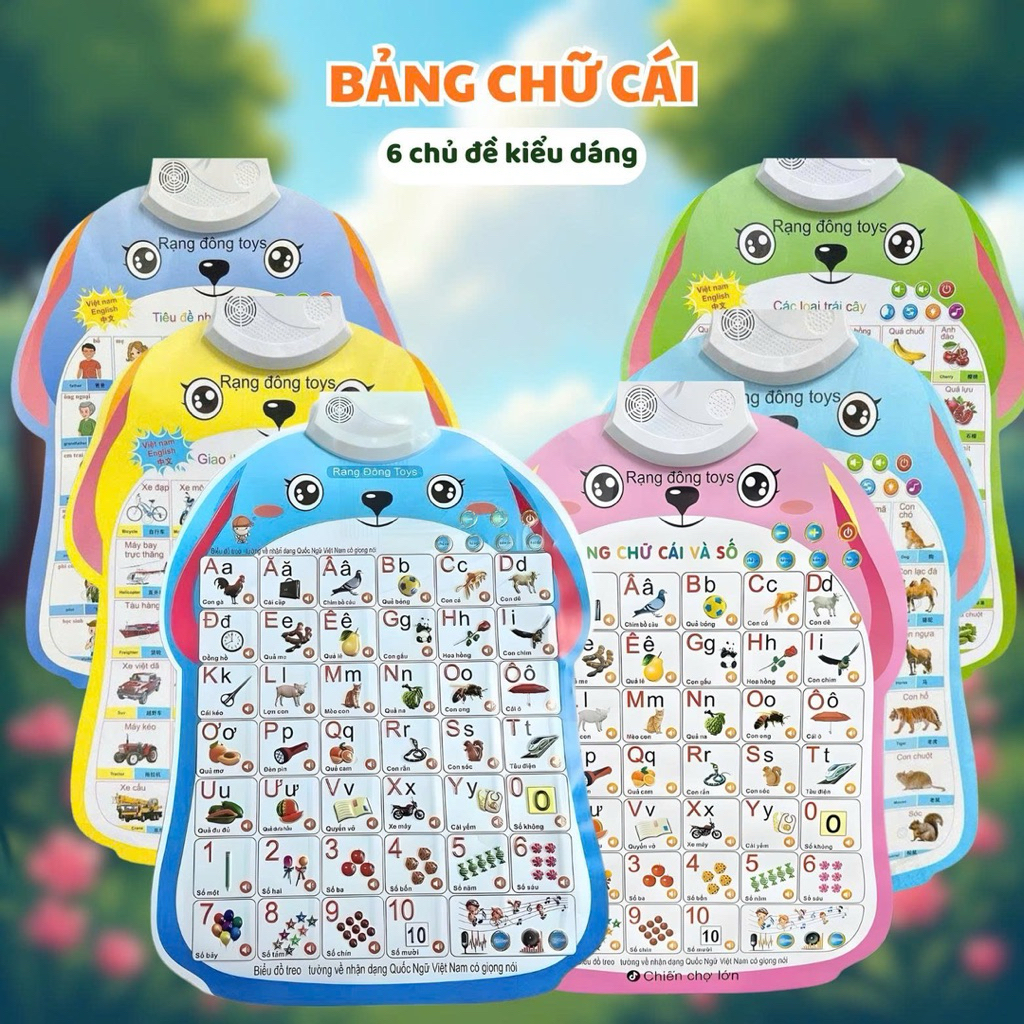 Bảng chữ cái điện tử thông minh treo tường nhiều chủ đề: động vật, trái cây, phương tiện cho bé học tập và phát triển
