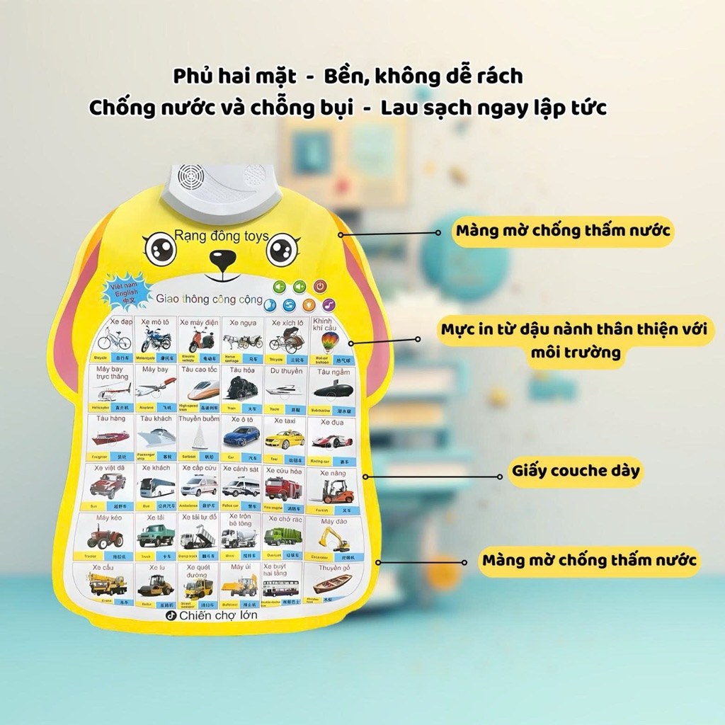 Bảng chữ cái điện tử thông minh treo tường nhiều chủ đề: động vật, trái cây, phương tiện cho bé học tập và phát triển