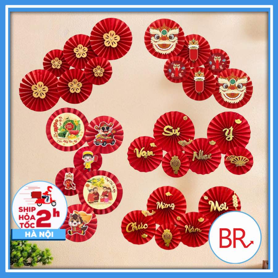 [Hàng sẵn] Set 6 Quạt Giấy Đỏ  Kèm Tag Trang trí Trung Thu, Tết 2027-Quạt Giấy Decor Nhà Cửa, Đám Cưới, Trường Học 02951