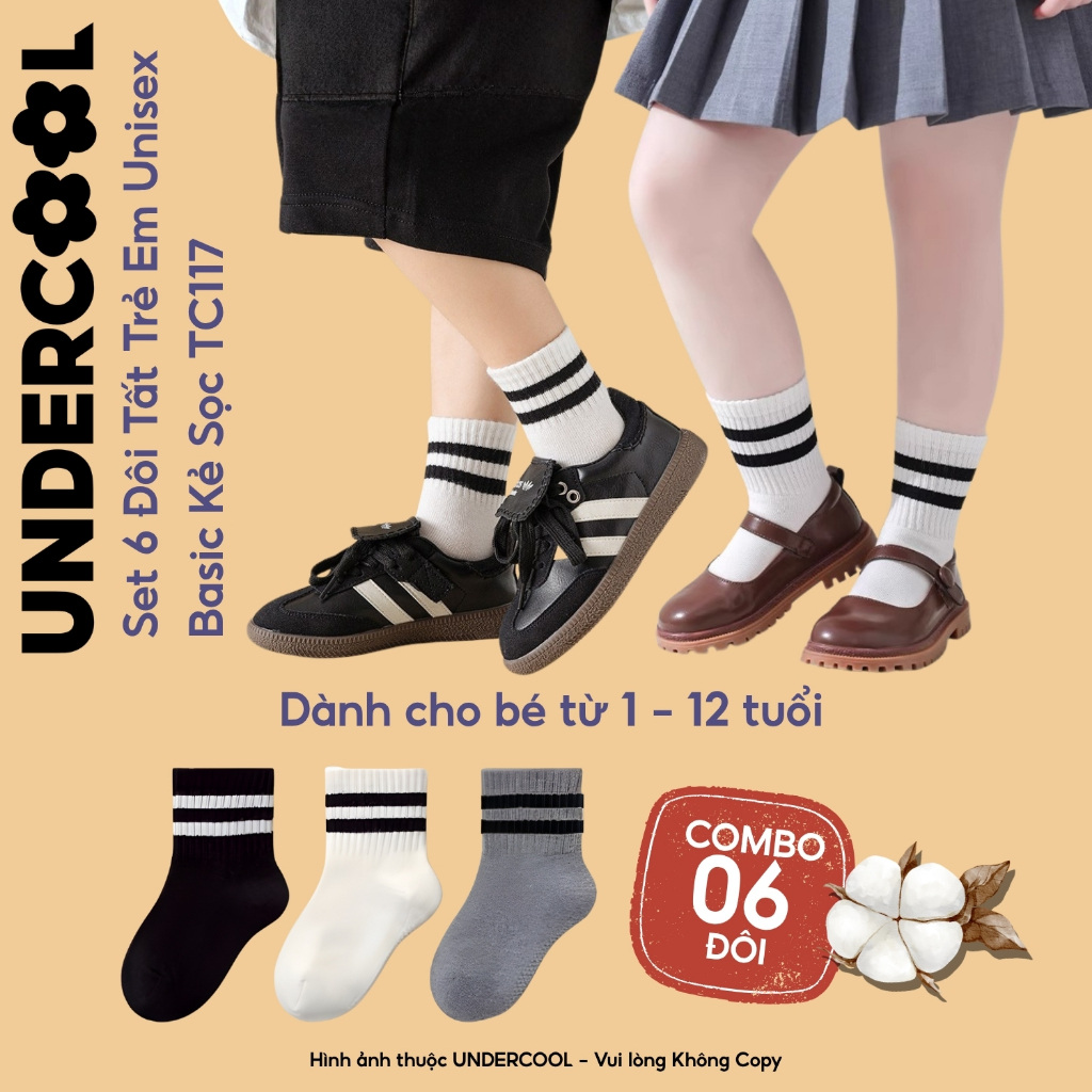 Combo 6 Đôi Tất /Vớ Trẻ Em Cotton 2 Vạch kẻ UNDERCOOL Set Tất Cho Bé Trai Bé Gái 1-12 Tuổi Cotton Basic Co Giãn TC117