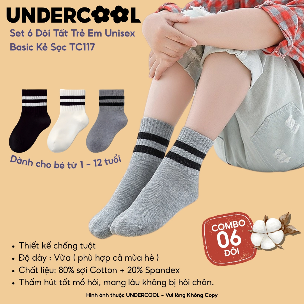 Combo 6 Đôi Tất /Vớ Trẻ Em Cotton 2 Vạch kẻ UNDERCOOL Set Tất Cho Bé Trai Bé Gái 1-12 Tuổi Cotton Basic Co Giãn TC117