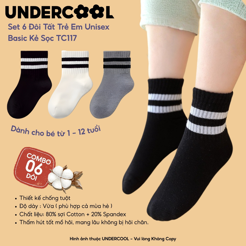 Combo 6 Đôi Tất /Vớ Trẻ Em Cotton 2 Vạch kẻ UNDERCOOL Set Tất Cho Bé Trai Bé Gái 1-12 Tuổi Cotton Basic Co Giãn TC117