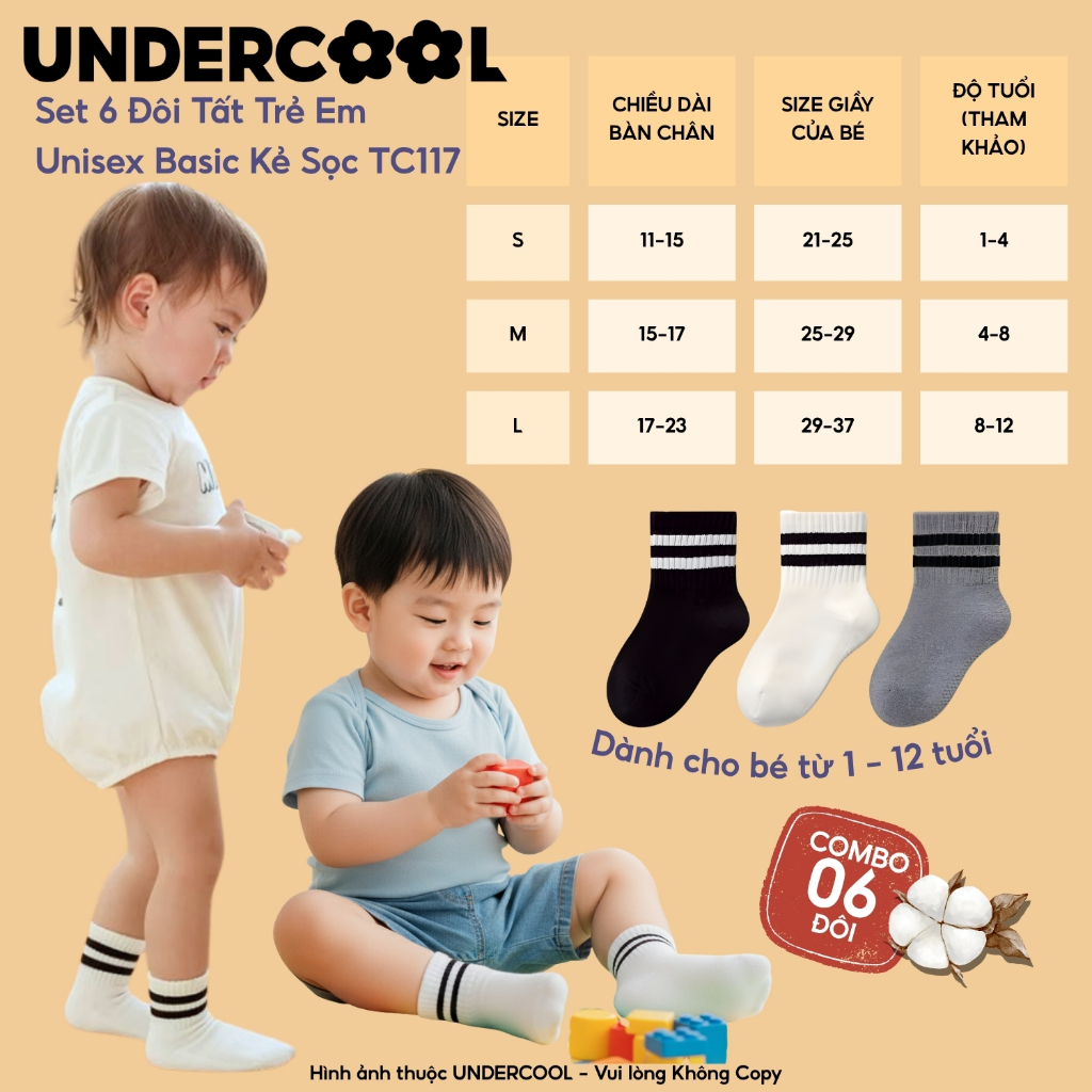 Combo 6 Đôi Tất /Vớ Trẻ Em Cotton 2 Vạch kẻ UNDERCOOL Set Tất Cho Bé Trai Bé Gái 1-12 Tuổi Cotton Basic Co Giãn TC117