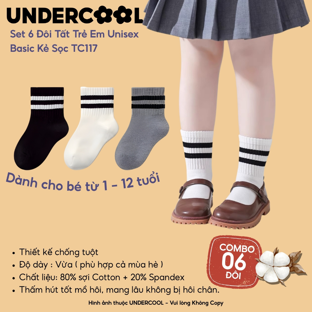 Combo 6 Đôi Tất /Vớ Trẻ Em Cotton 2 Vạch kẻ UNDERCOOL Set Tất Cho Bé Trai Bé Gái 1-12 Tuổi Cotton Basic Co Giãn TC117