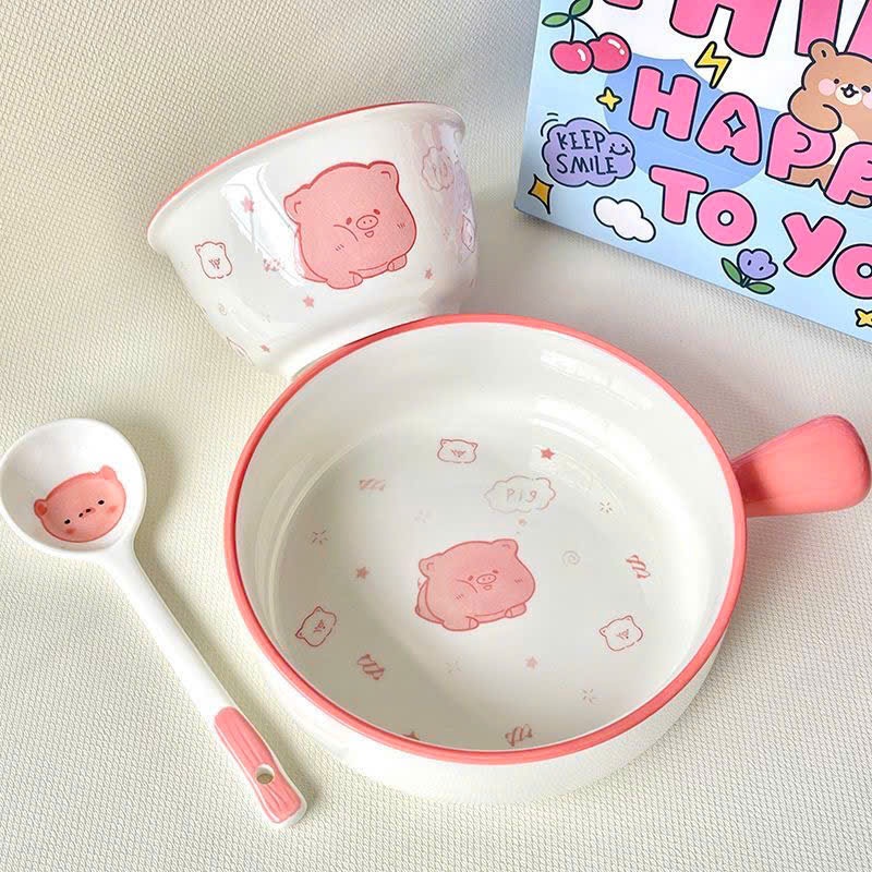 Sét Bát Sứ Có Tay Cầm 3 Món Cao Cấp Hello Kitty Mèo, Sét 3 Có Tặng Kèm Đũa Ngộ Nghĩnh Đáng Yêu