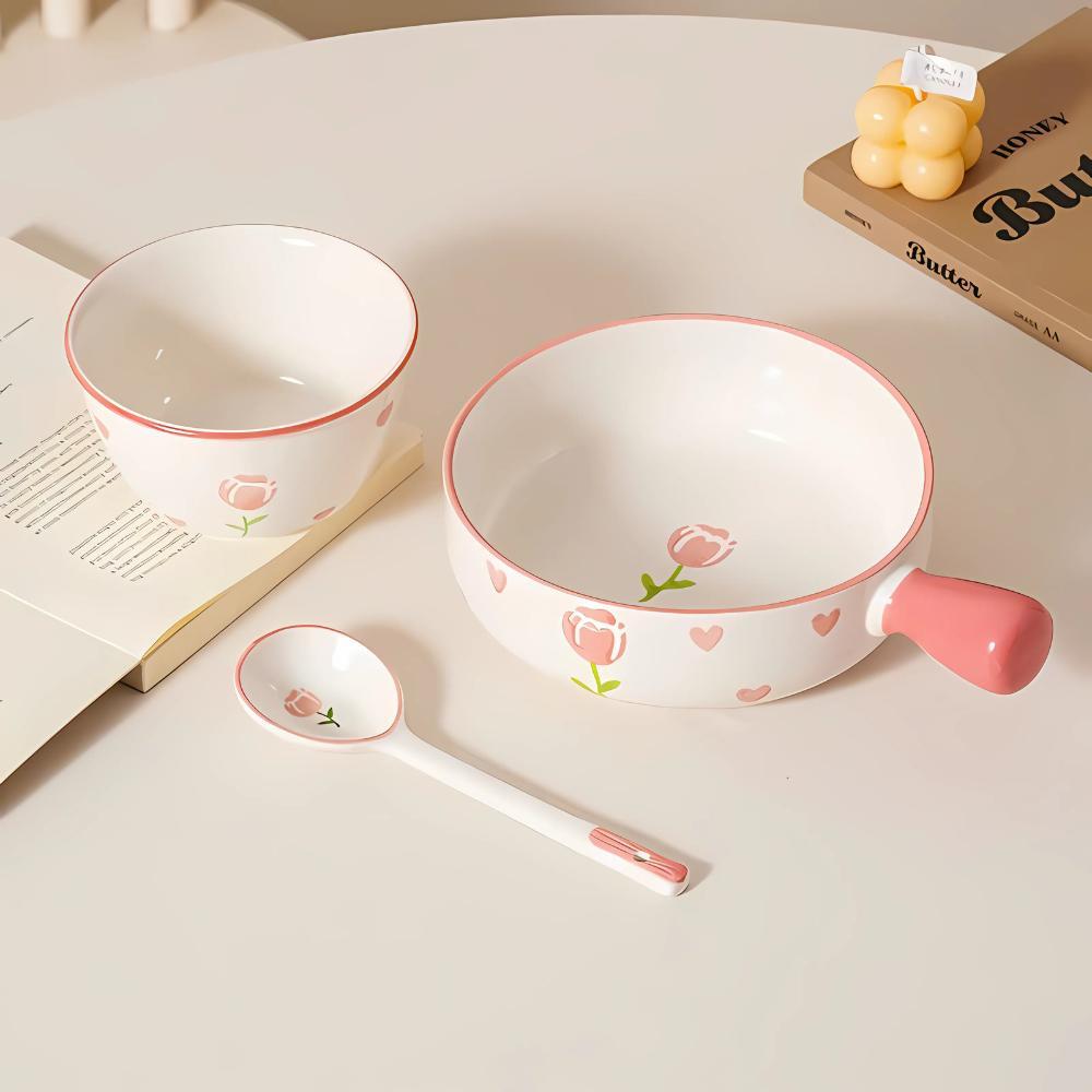 Sét Bát Sứ Có Tay Cầm 3 Món Cao Cấp Hello Kitty Mèo, Sét 3 Có Tặng Kèm Đũa Ngộ Nghĩnh Đáng Yêu