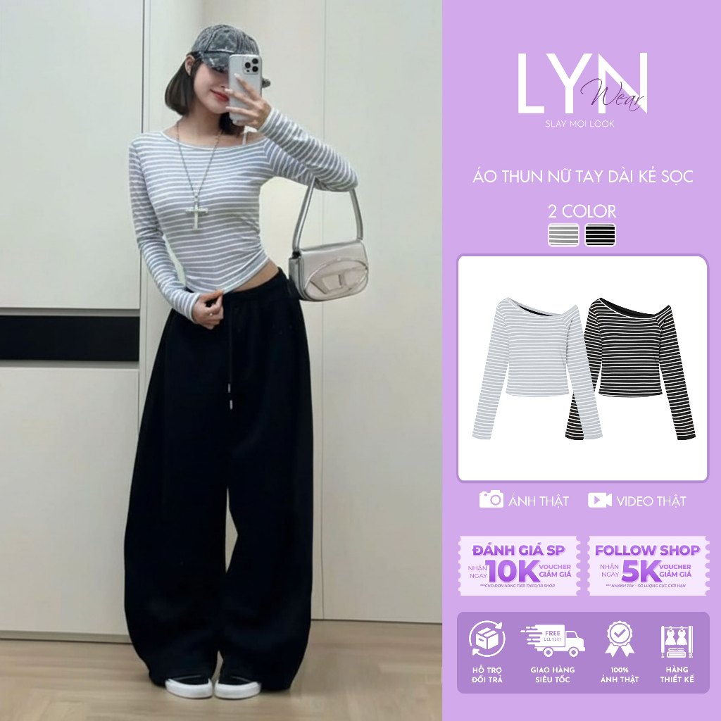 | LYN WEAR | Áo Thun Nữ Tay Dài Kẻ Sọc Cổ Lệch Vai Ôm Dáng Rip Lụa Co Giãn Mềm Mịn