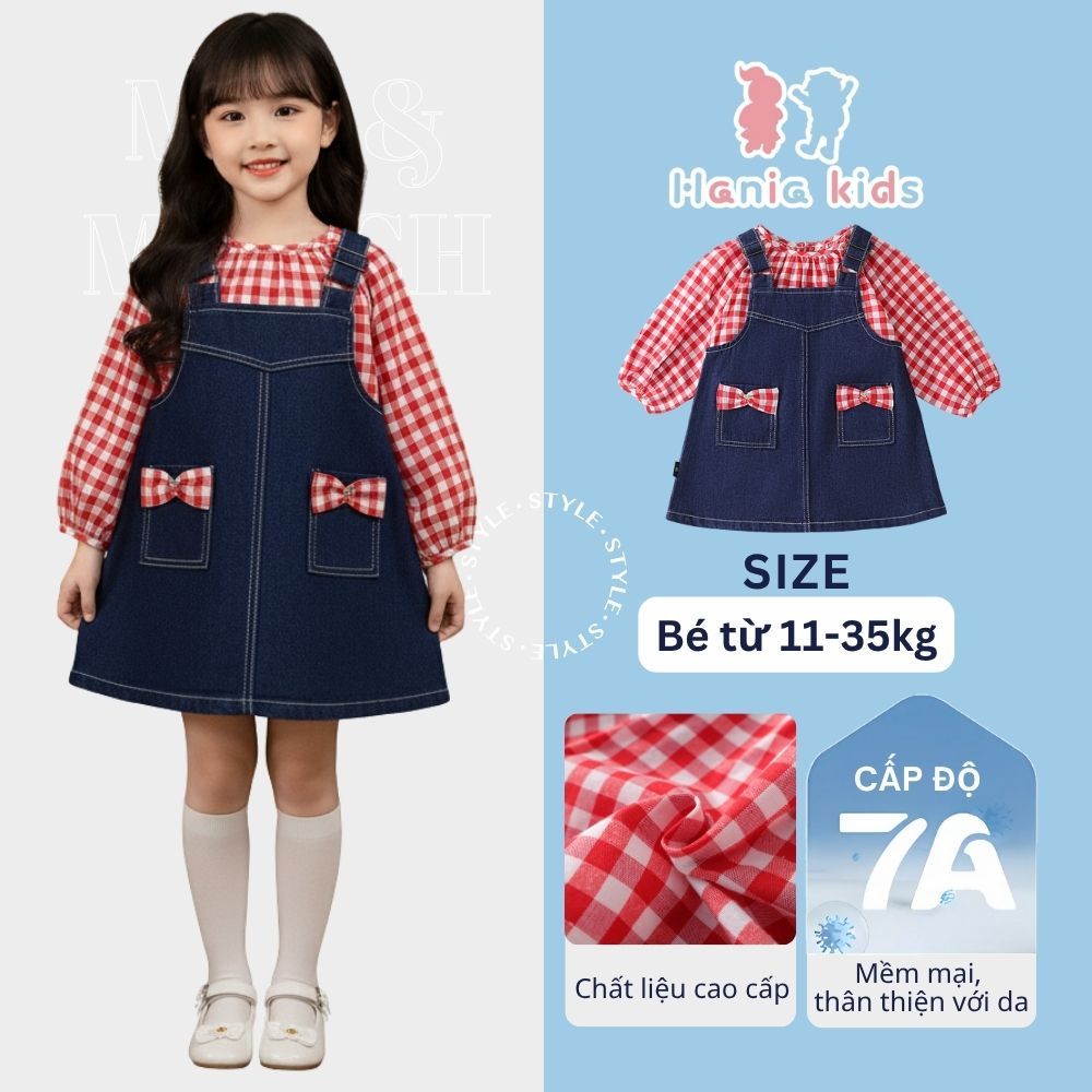 Set Yếm Bò Bé Gái Dài Tay Thu Đông HANIA KIDS Phối Nơ Caro Đỏ – Phong Cách Dễ Thương Năng Động