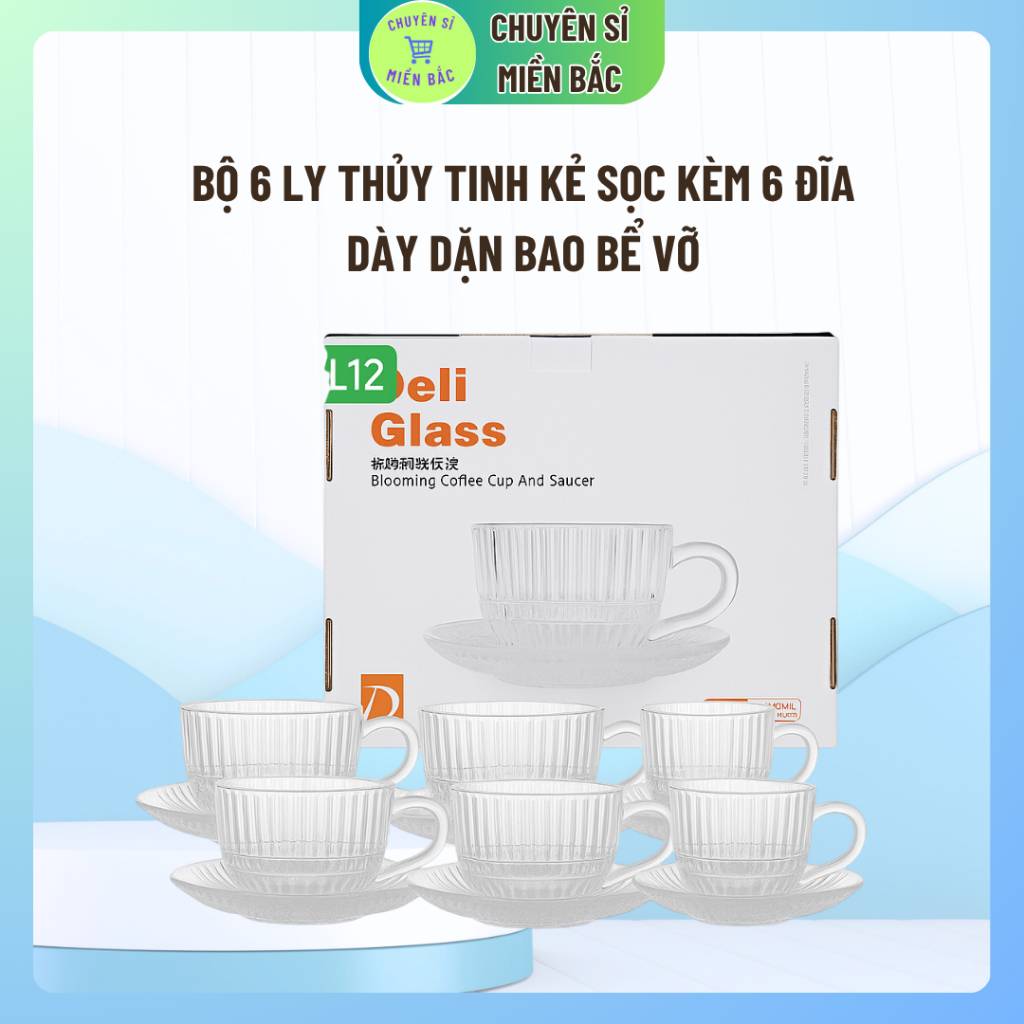 Bộ 6 Ly thủy tinh kẻ sọc kèm 6 đĩa kê cốc thủy tinh chịu nhiệt uống cafe, nước ép, soda 240ml