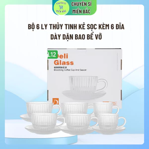 Bộ 6 Ly thủy tinh kẻ sọc kèm 6 đĩa kê cốc thủy tinh chịu nhiệt uống cafe, nước ép, soda 240ml