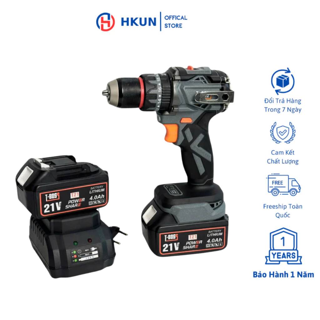 Máy Khoan Pin T-BOSS BS-6110, 3 Chức Năng, Đầu 10ly Autolock, Động Cơ Không Chổi Than, Chân Pin Phổ Thông