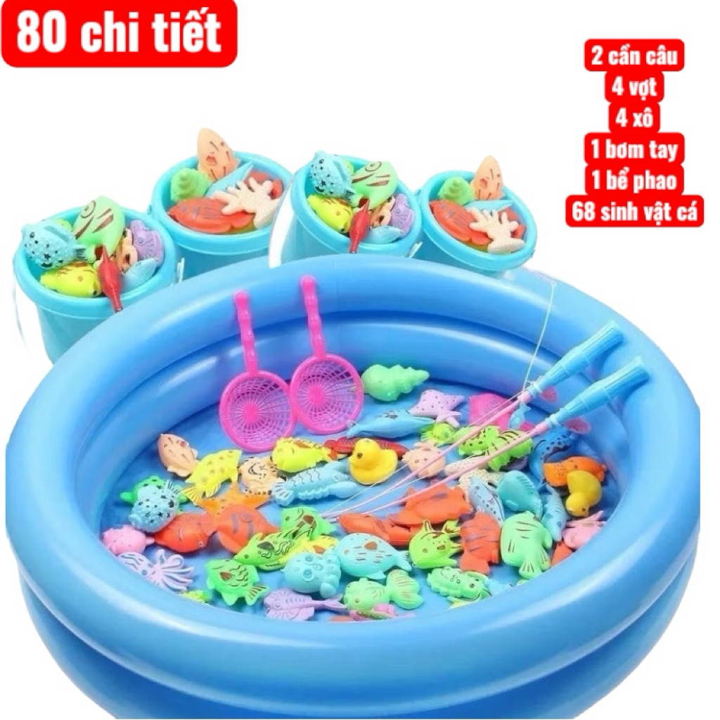 Bộ đồ chơi câu cá cho bé 42/80 chi tiết có gắn nam châm bao gồm cần câu nhựa, bể phao 2 tầng cho trẻ thỏa thích