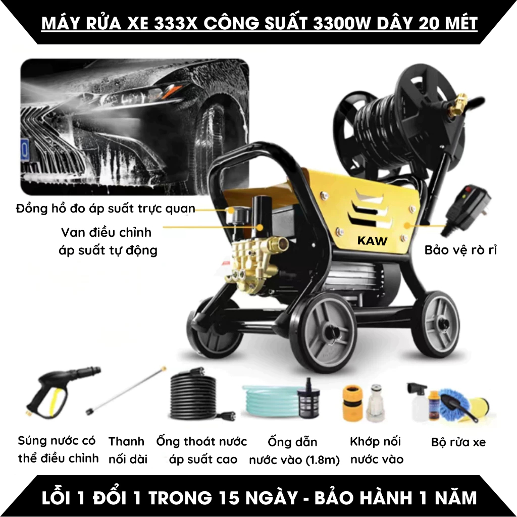 Máy rửa xe cao áp KAW 3300W công suất lớn, áp lực cao, tiết kiệm nước, bền bỉ vượt trội