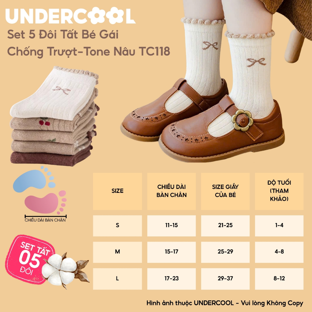 Set 5 Đôi Tất Bé Gái Chống Trượt UNDERCOOL Tone Nâu Cổ Bèo Tone Nâu Họa Tiết Gấu Vintage Họa Tiết Gấu Cherry TC118