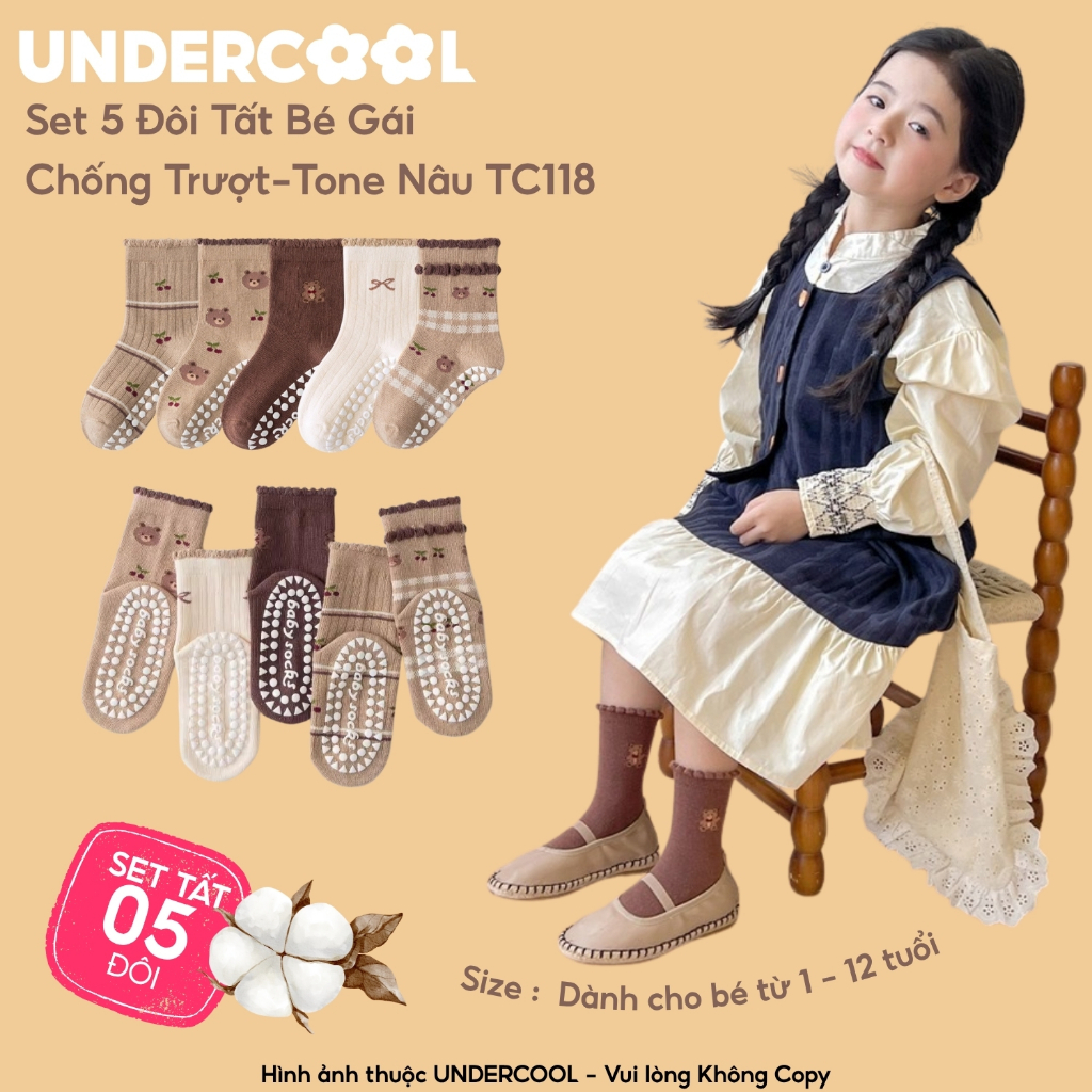 Set 5 Đôi Tất Bé Gái Chống Trượt UNDERCOOL Tone Nâu Cổ Bèo Tone Nâu Họa Tiết Gấu Vintage Họa Tiết Gấu Cherry TC118