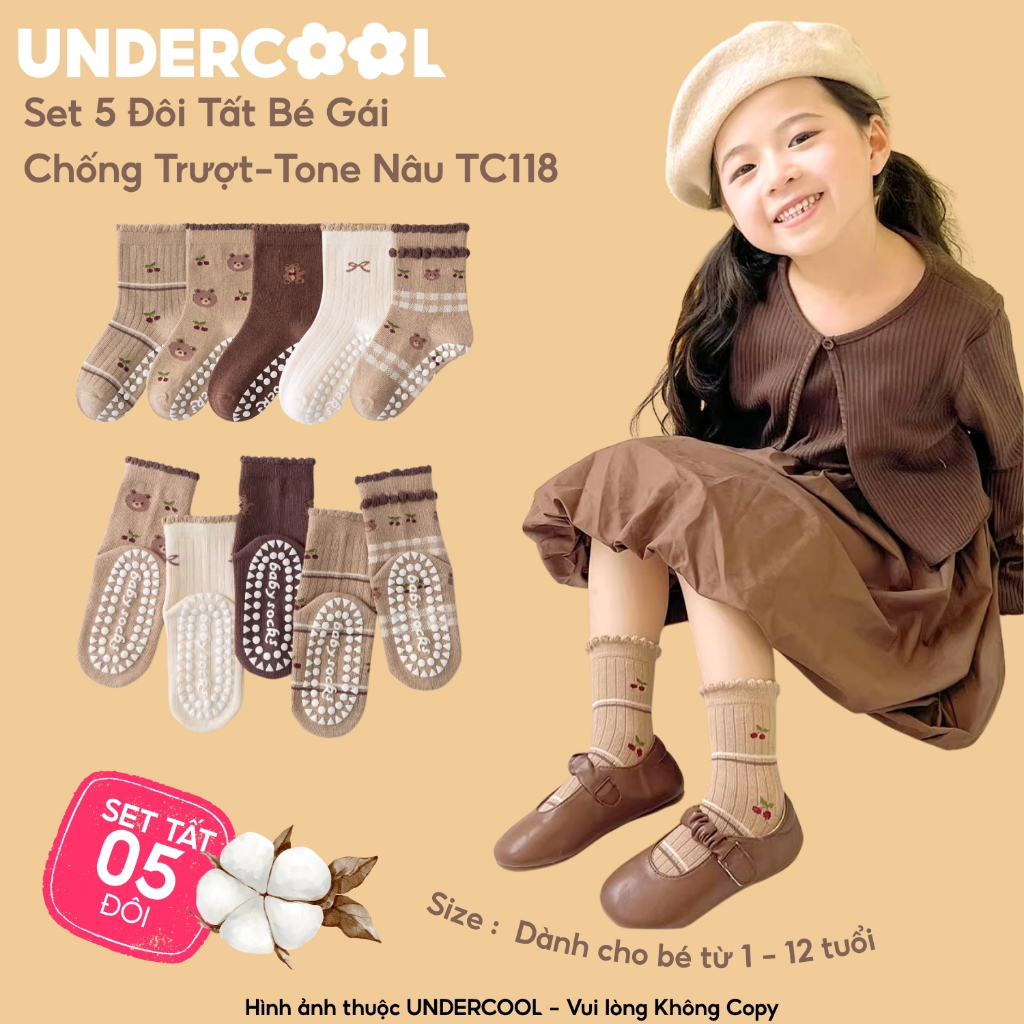 Set 5 Đôi Tất Bé Gái Chống Trượt UNDERCOOL Tone Nâu Cổ Bèo Tone Nâu Họa Tiết Gấu Vintage Họa Tiết Gấu Cherry TC118