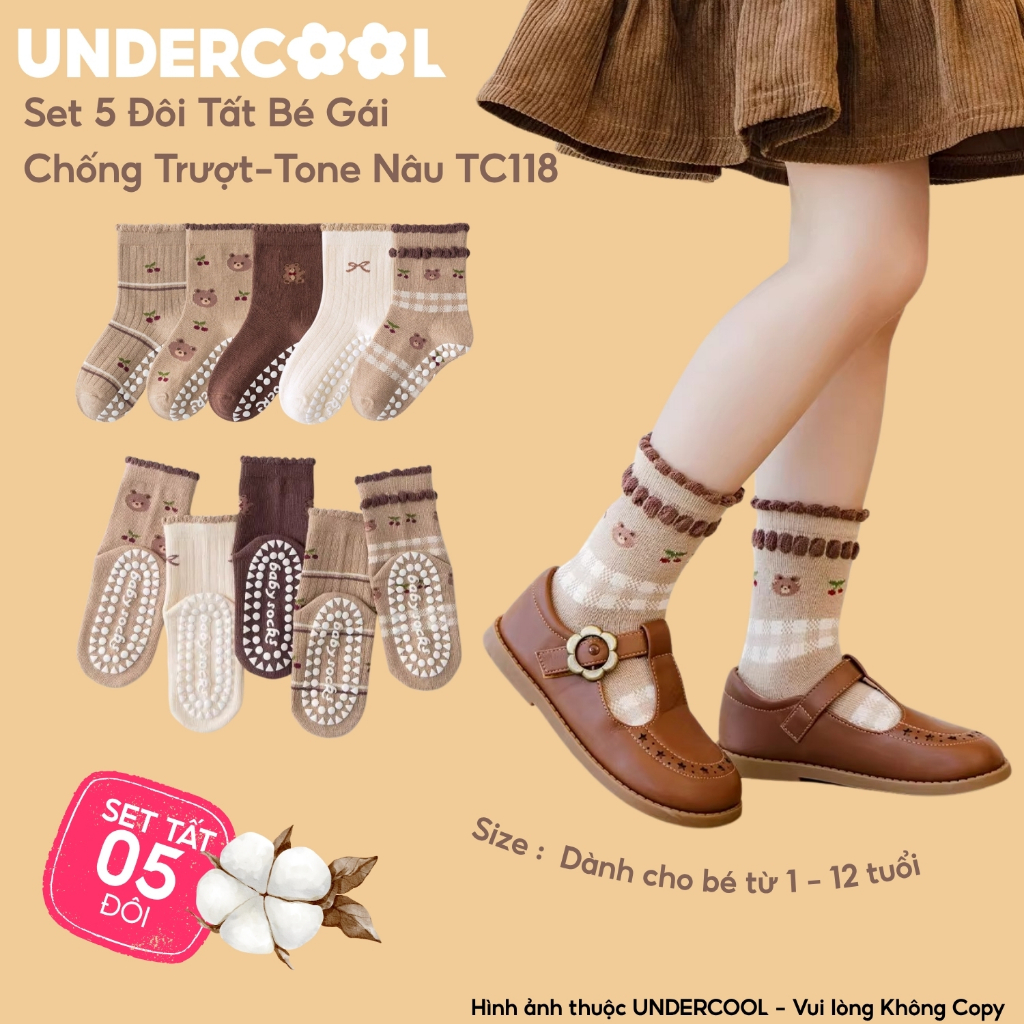 Set 5 Đôi Tất Bé Gái Chống Trượt UNDERCOOL Tone Nâu Cổ Bèo Tone Nâu Họa Tiết Gấu Vintage Họa Tiết Gấu Cherry TC118