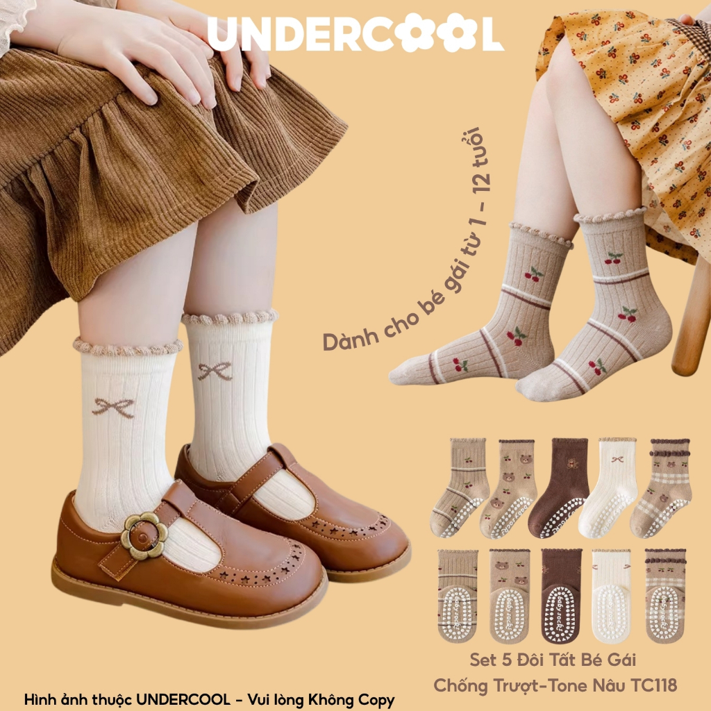Set 5 Đôi Tất Bé Gái Chống Trượt UNDERCOOL Tone Nâu Cổ Bèo Tone Nâu Họa Tiết Gấu Vintage Họa Tiết Gấu Cherry TC118