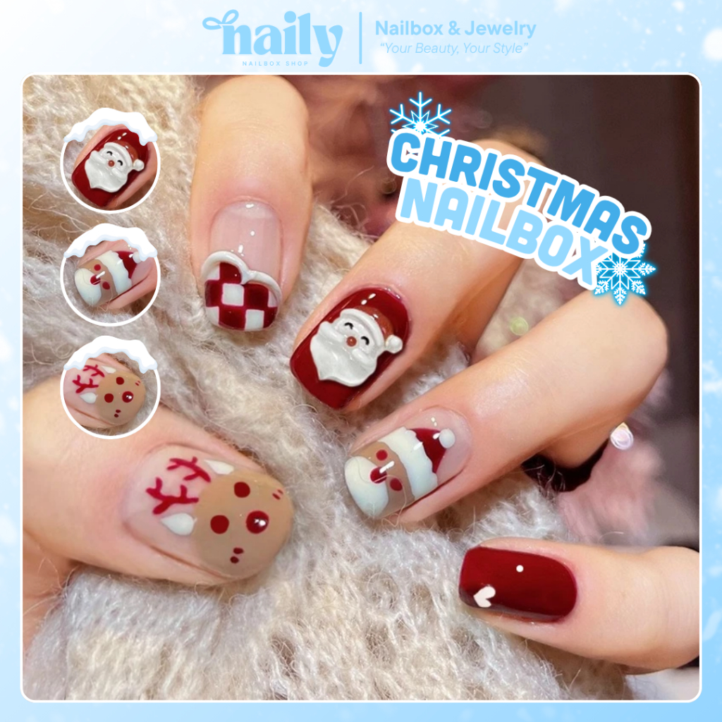 [MỚI] Móng tay giả, nail box 24 móng form ngắn giáng sinh họa tiết ông già noel | TẶNG KÈM KEO❤️
