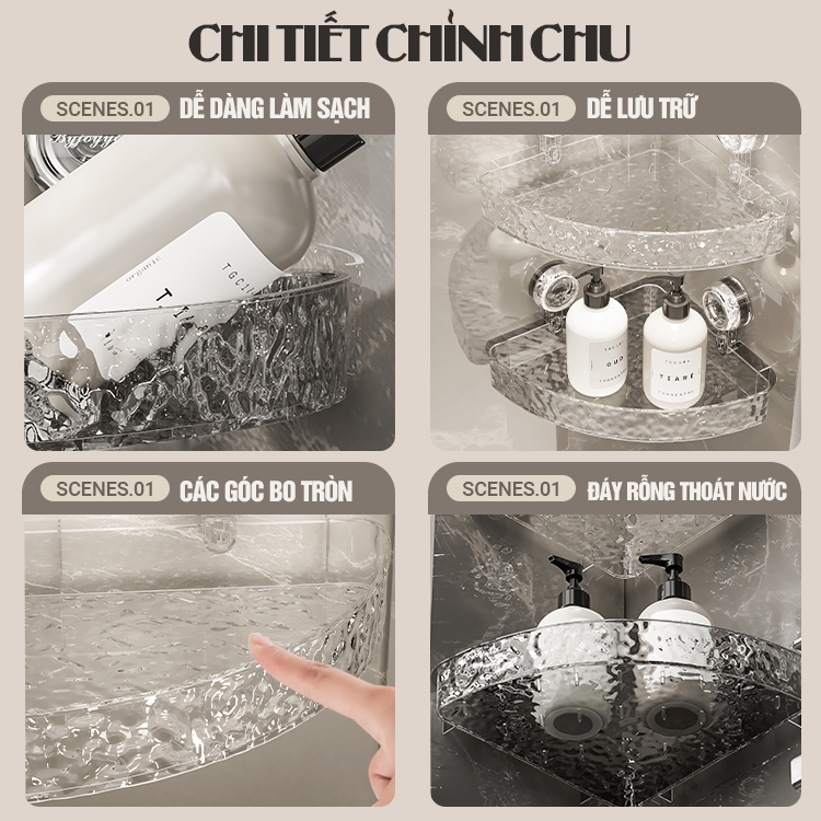 Kaleis Kệ góc tam giác nhà tắm hút chân không Treo tường dễ dàng, chống rỉ sét, đa năng tiện dụng