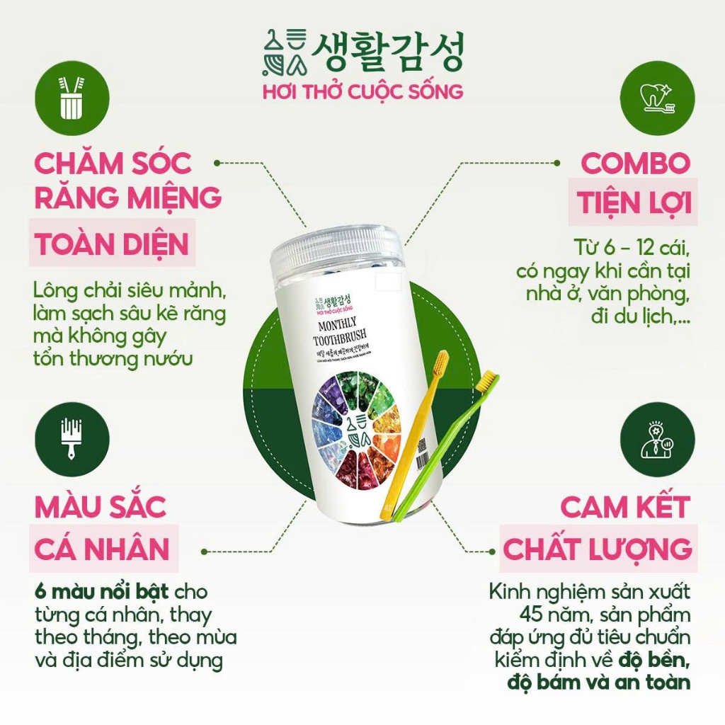 Hộp 12 bàn chải đánh răng lông mềm, làm sạch và chăm sóc nướu, hỗ trợ giảm viêm Monthly Toothbrush