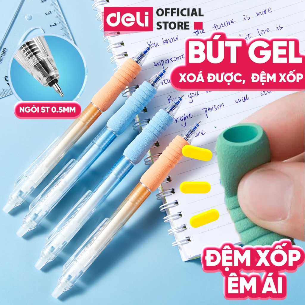 Bút Gel Xoá Được Có Đệm Xốp Ngòi ST 0.5mm Mực Xanh/Đen Deli Bút Gel Học Sinh Mực Đều Nét Mịn Viết Không Đau Tay Xoá Được