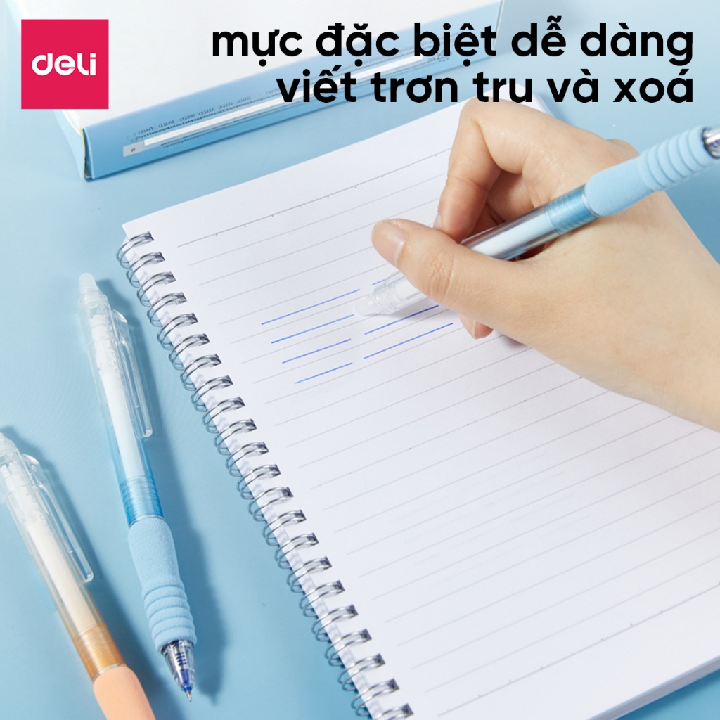 Bút Gel Xoá Được Có Đệm Xốp Ngòi ST 0.5mm Mực Xanh/Đen Deli Bút Gel Học Sinh Mực Đều Nét Mịn Viết Không Đau Tay Xoá Được