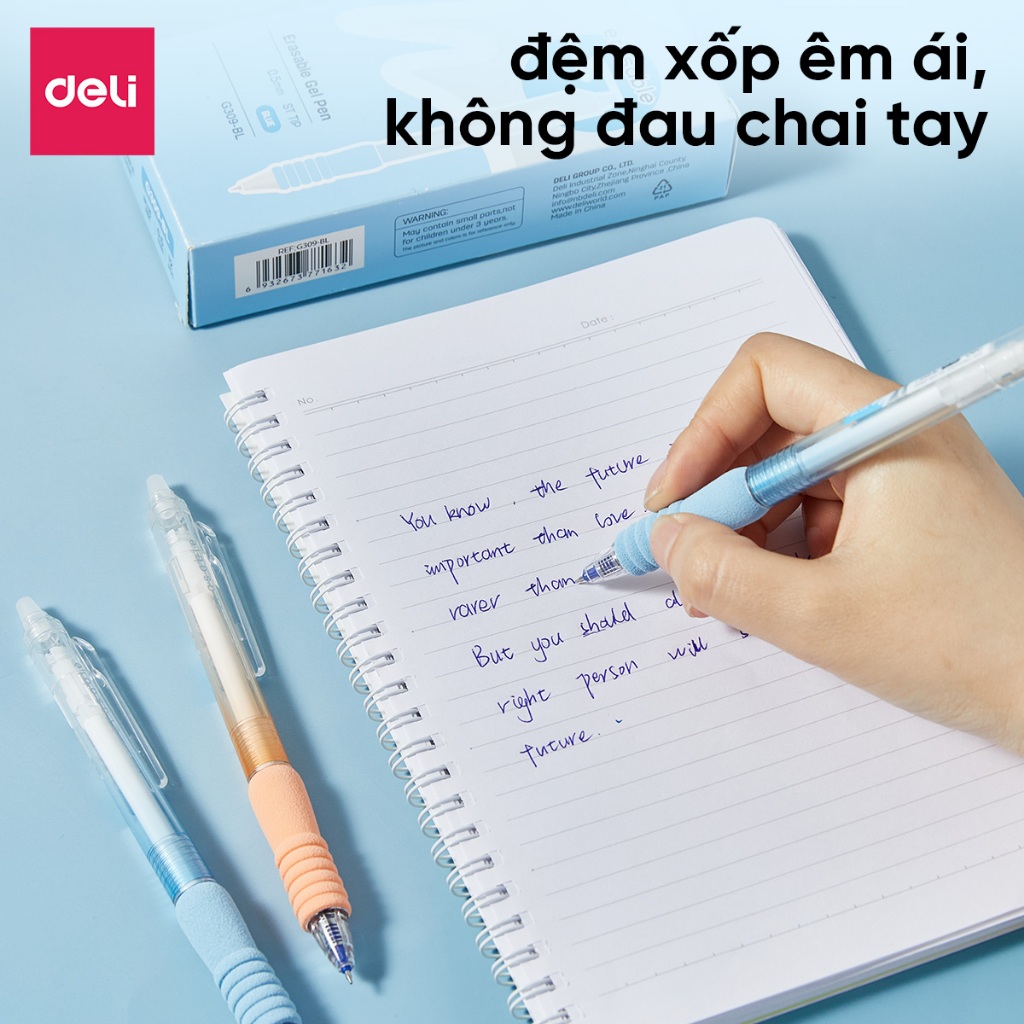 Bút Gel Xoá Được Có Đệm Xốp Ngòi ST 0.5mm Mực Xanh/Đen Deli Bút Gel Học Sinh Mực Đều Nét Mịn Viết Không Đau Tay Xoá Được