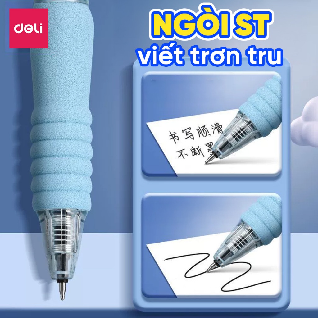 Bút Gel Xoá Được Có Đệm Xốp Ngòi ST 0.5mm Mực Xanh/Đen Deli Bút Gel Học Sinh Mực Đều Nét Mịn Viết Không Đau Tay Xoá Được