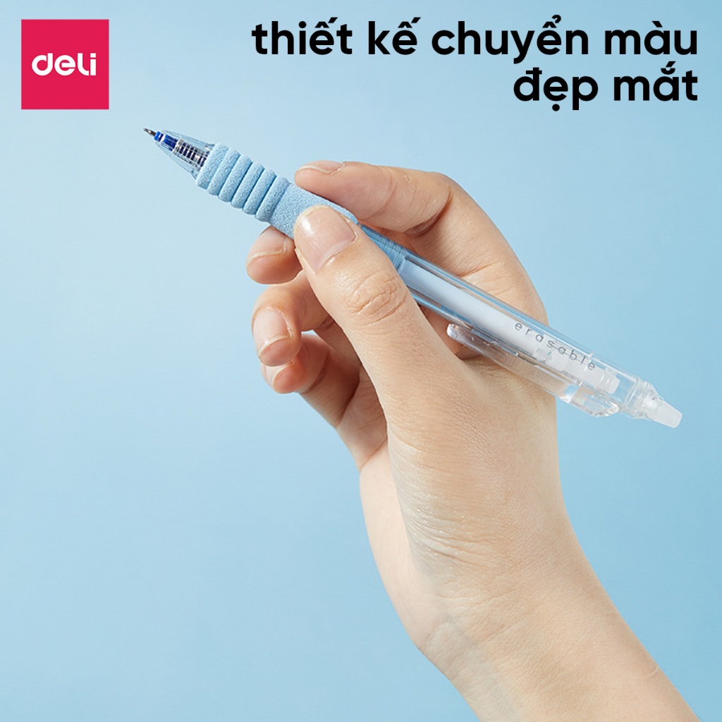 Bút Gel Xoá Được Có Đệm Xốp Ngòi ST 0.5mm Mực Xanh/Đen Deli Bút Gel Học Sinh Mực Đều Nét Mịn Viết Không Đau Tay Xoá Được