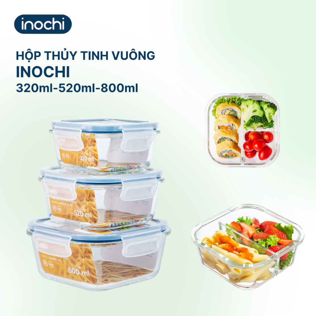 Hộp thuỷ tinh vuông Nikko Inochi 320/520/800 ml KO CHIA NGĂN, có nút thoát hơi nước chịu nhiệt 400 độ C, chống rỉ nước