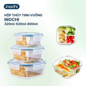 Hộp thuỷ tinh vuông Nikko Inochi 320/520/800 ml KO CHIA NGĂN, có nút thoát hơi nước chịu nhiệt 400 độ C, chống rỉ nước