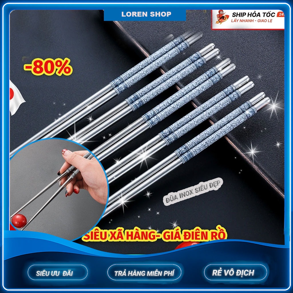[ Ở ĐÂY RẺ NHẤT} 10 ĐÔI Đũa Inox chống trượt, chống nhiệt hoa văn siêu đẹp cao cấp loại 1