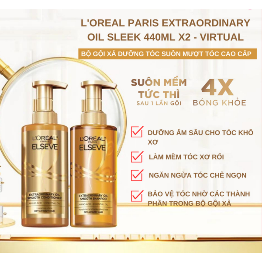 Dầu gội xả cao cấp L.O.R.E Paris Extraordinary Oil Smooth, Full Resist hồng mini size 100ml, 440ml