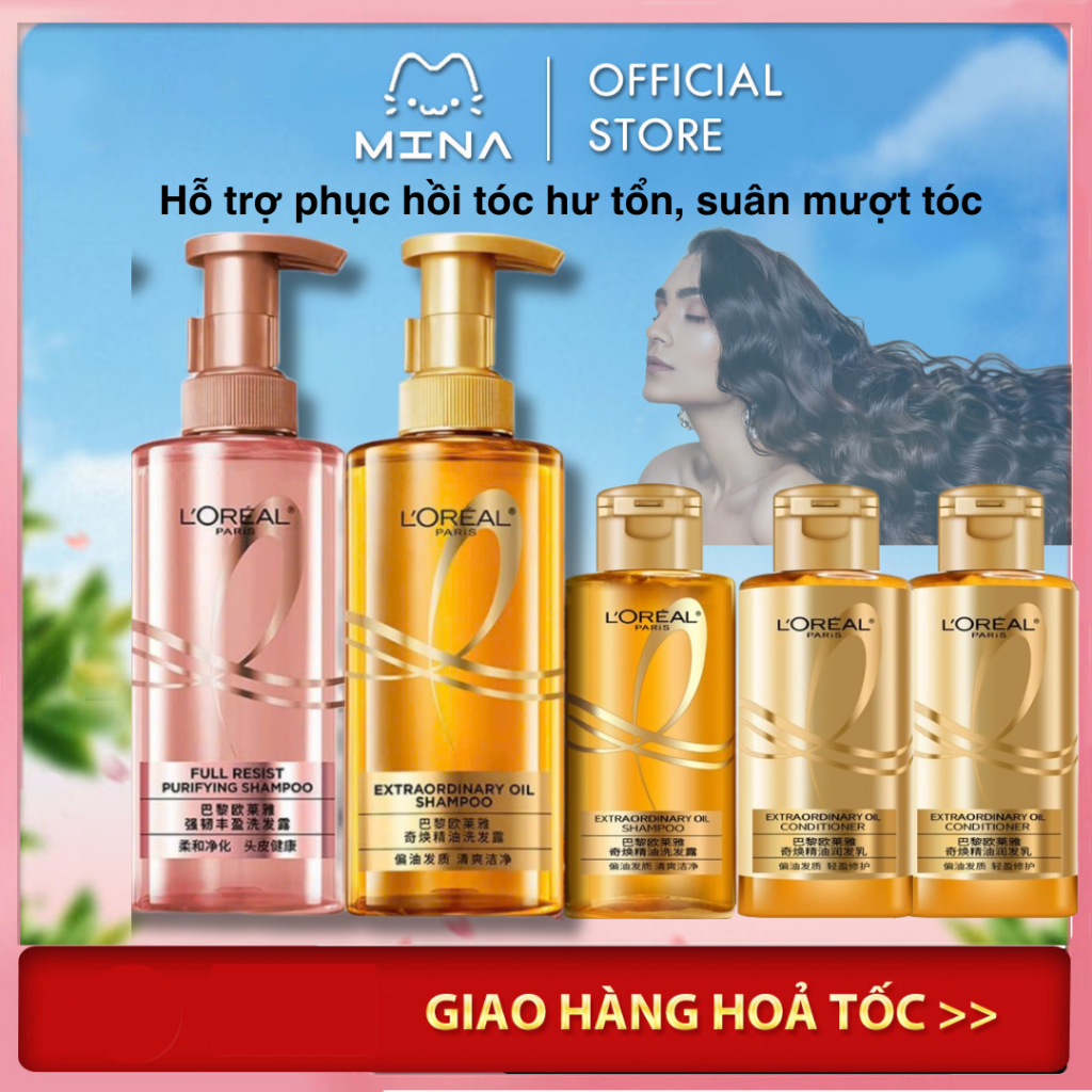 Dầu gội xả cao cấp L.O.R.E Paris Extraordinary Oil Smooth, Full Resist hồng mini size 100ml, 440ml