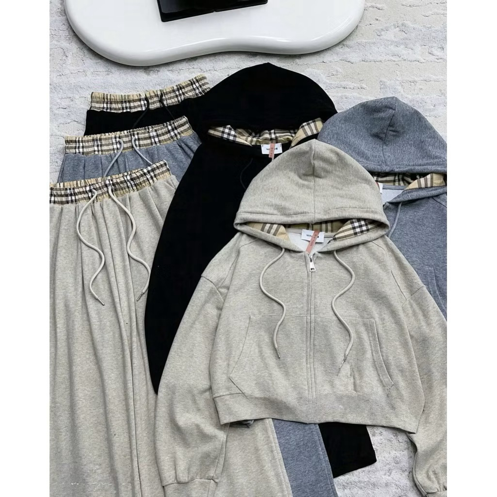 Set bộ len nữ phối kẻ mũ rộng kèm quần xuông năng động thể thao by.Thanhhuyenclothing