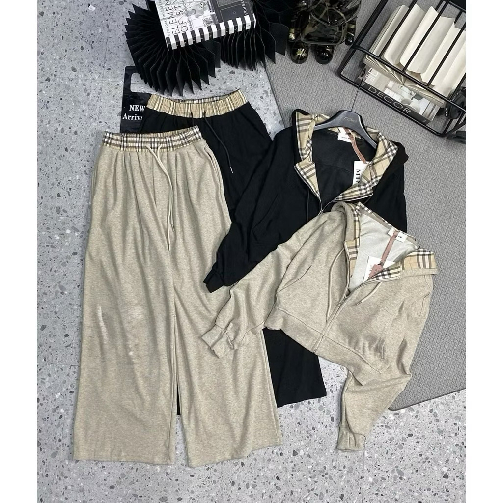 Set bộ len nữ phối kẻ mũ rộng kèm quần xuông năng động thể thao by.Thanhhuyenclothing