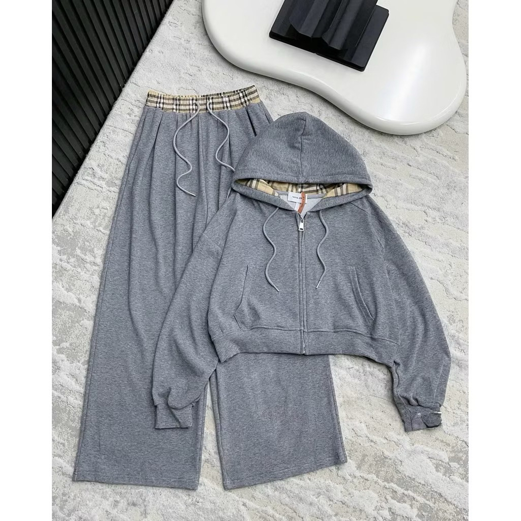 Set bộ len nữ phối kẻ mũ rộng kèm quần xuông năng động thể thao by.Thanhhuyenclothing