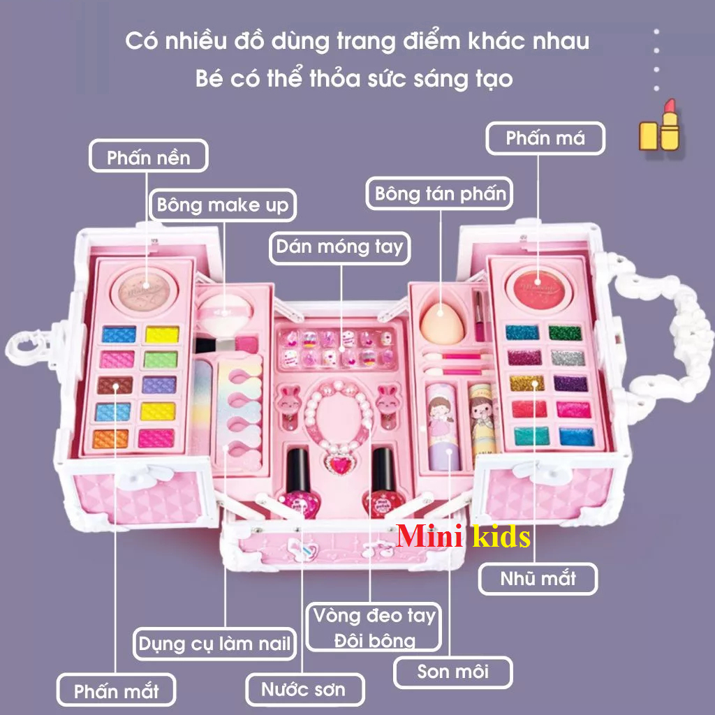 Bộ Đồ Chơi Trang Điểm Thật Cho Bé Gái – Vali 20 Món Có Máy Hơ Móng, An Toàn, Dễ Làm Sạch